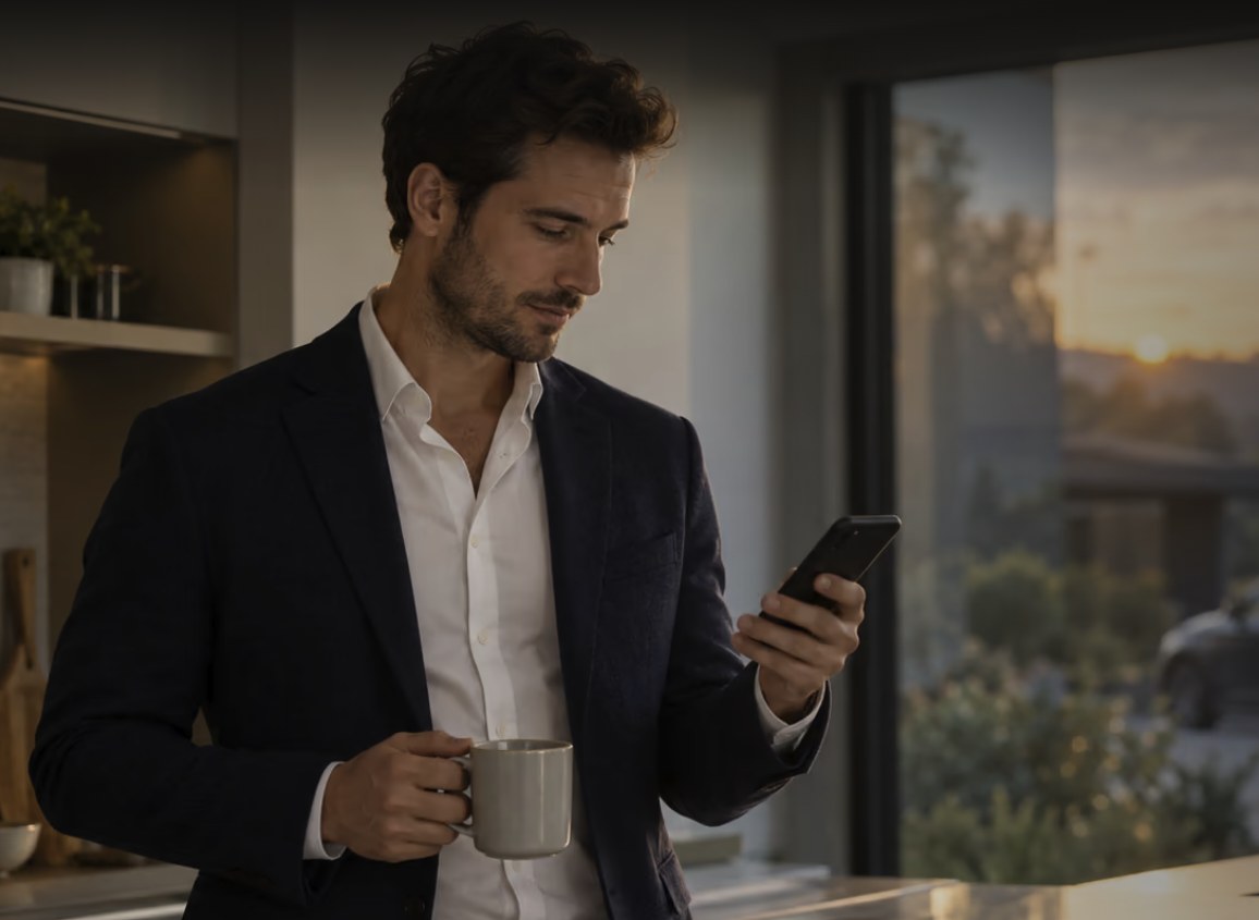 Verkäufer am Morgen in der Küche, mit Kaffee und Handy